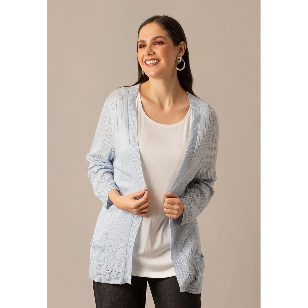 BonWorth Cardigan Open Front Women Large Blue Y2K Pointelle Knit Romantic Casual